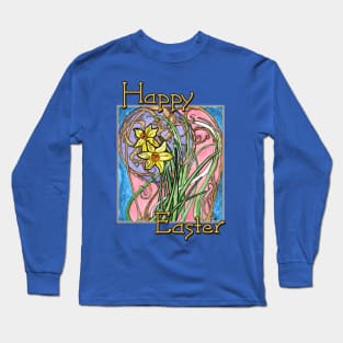 Happy Easter! Colorful Watercolor Daffodils on Blue Marble Long Sleeve T-Shirt